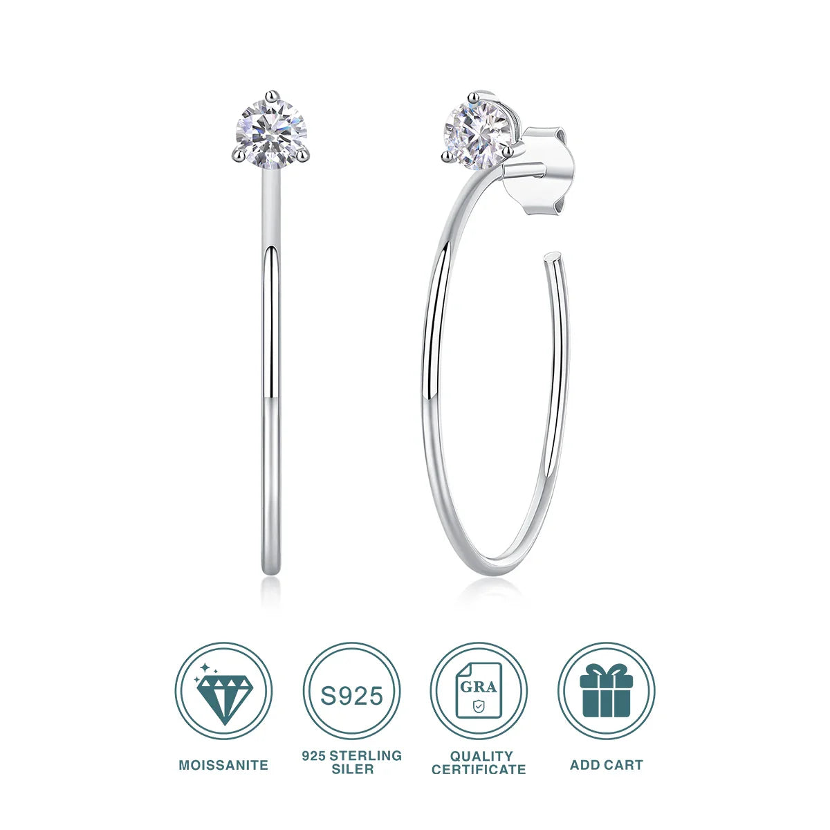 Moissanite 4mm D Color Hoop Earrings 2pc 925 Sterling Silver White Gold