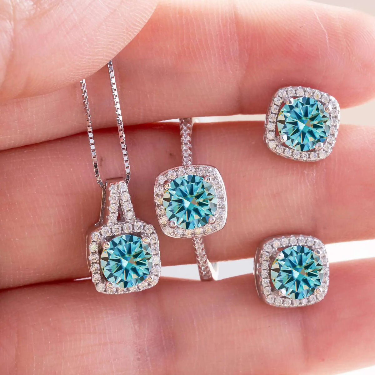 Moissanite D Color Round Cut 925 Sterling Silver Pendant Necklace and Studs Set