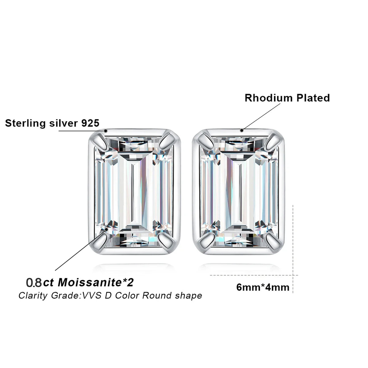 Moissanite D Color 1.6ct Pair Emerald Cut 925 Sterling Silver Stud Earrings