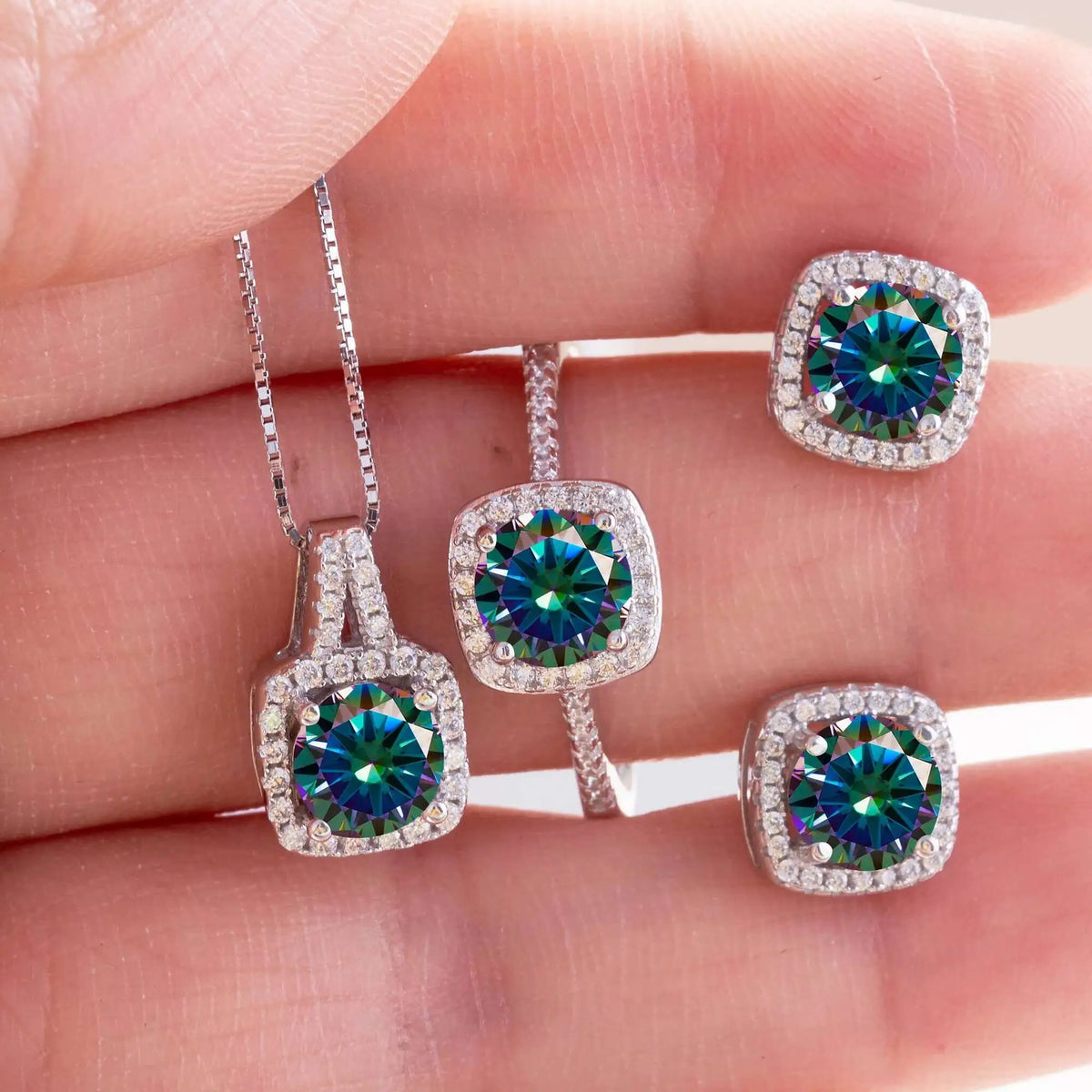 Moissanite D Color Round Cut 925 Sterling Silver Pendant Necklace and Studs Set