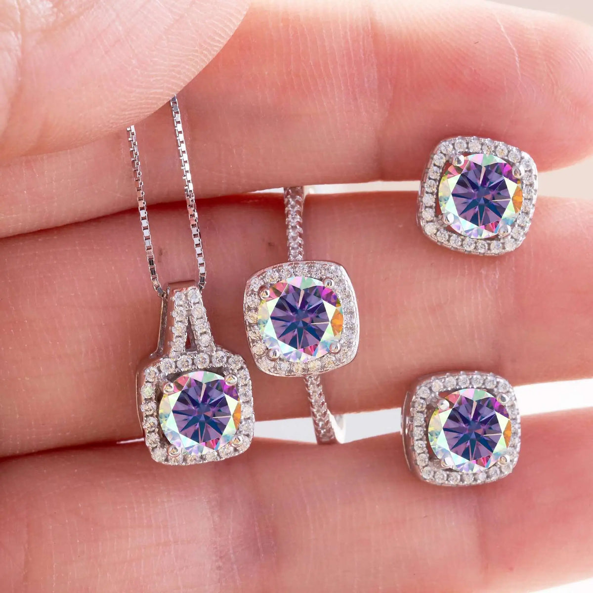 Moissanite D Color Round Cut 925 Sterling Silver Pendant Necklace and Studs Set