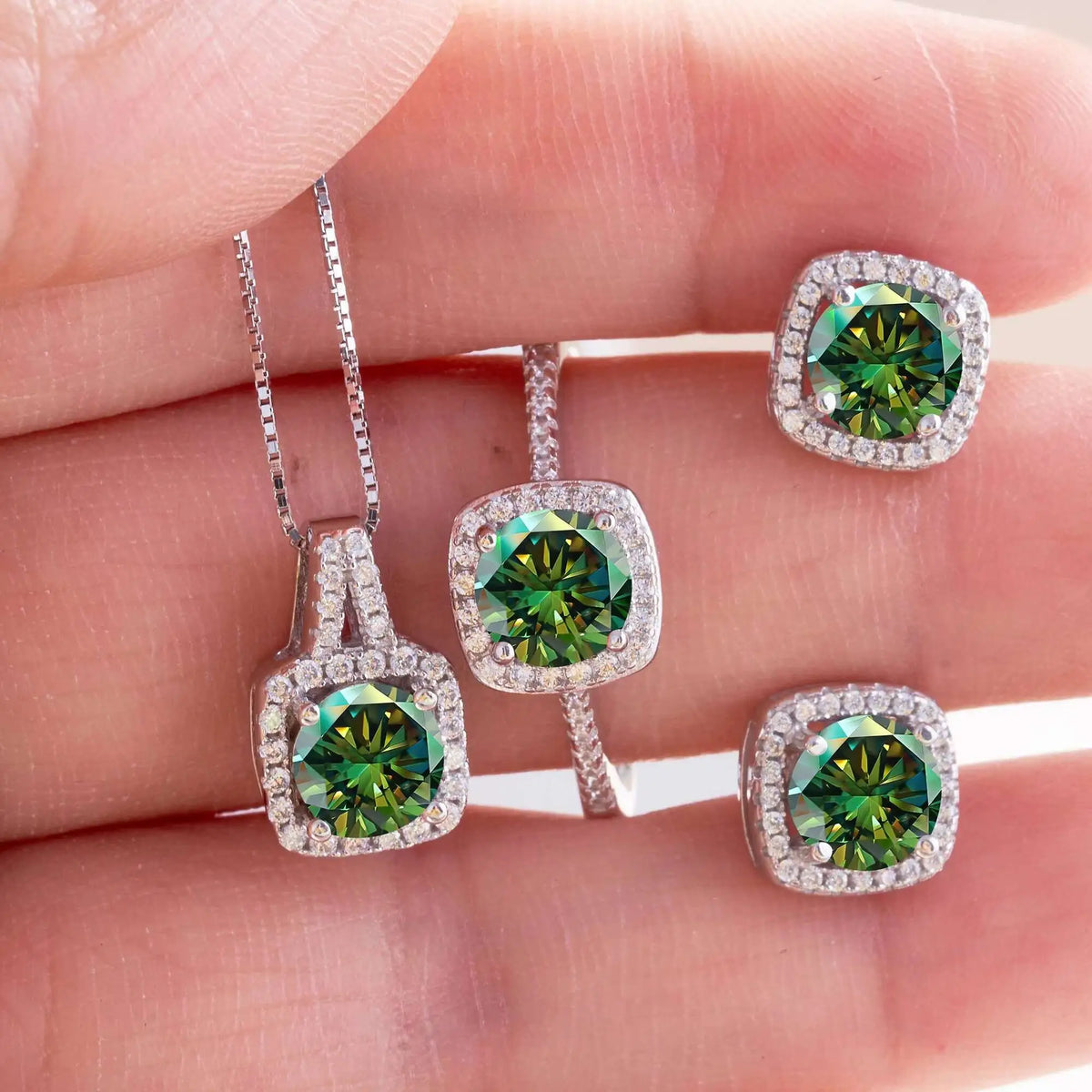 Moissanite D Color Round Cut 925 Sterling Silver Pendant Necklace and Studs Set