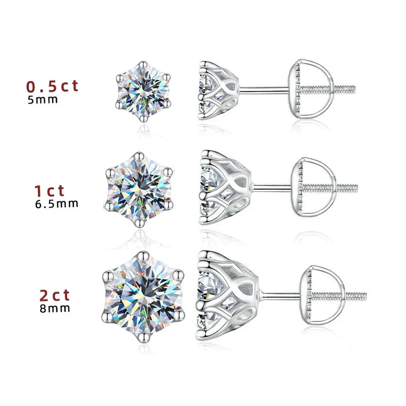 Moissanite Stud Earrings 0.5-2CT S925 Sterling Silver 18K 6-Prong Screw Backs