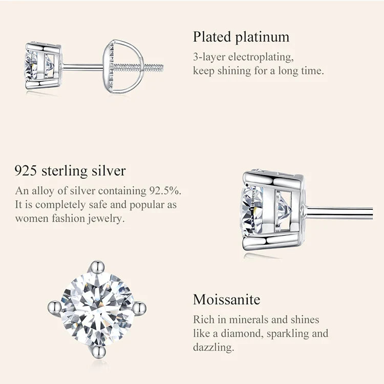 Moissanite Stud Earrings 2CT VVS1 925 Sterling Silver Screw Back Classic