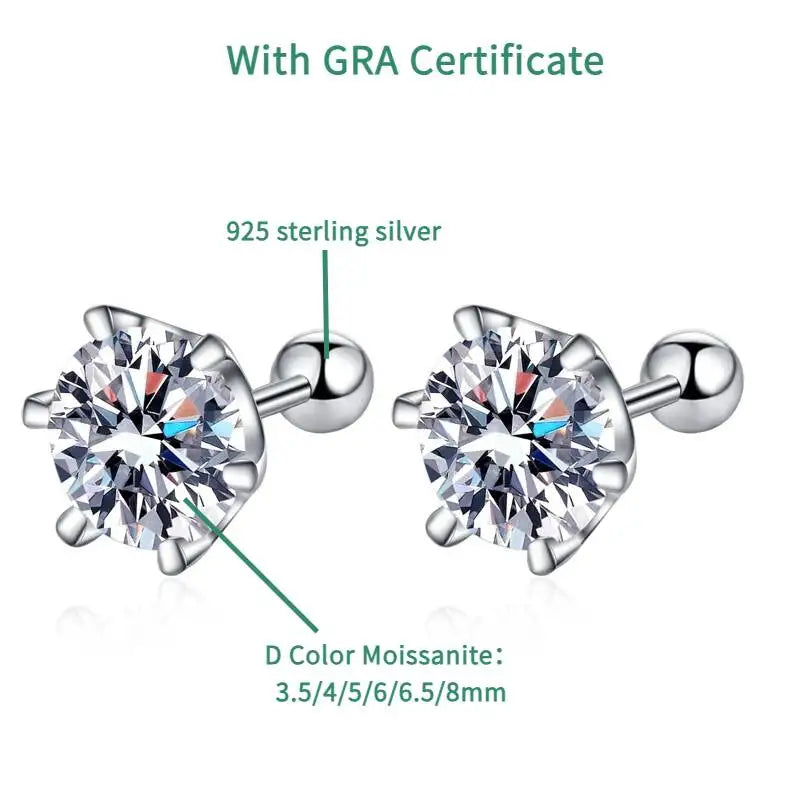 Moissanite Stud Earrings 925 Sterling Silver White Gold Plated D VVS1 Round