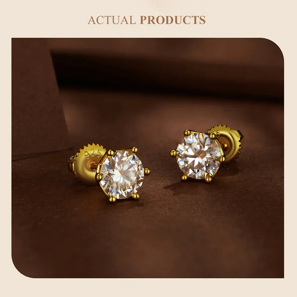 Moissanite Stud Earrings 0.5-2CT S925 Sterling Silver 18K 6-Prong Screw Backs