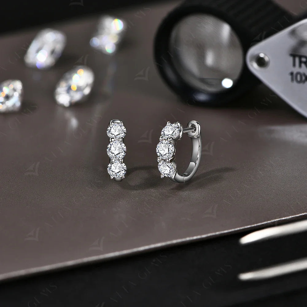 Moissanite Three-Stone Hoop Earrings 1.8 CTW Round Cut 925 Sterling Silver
