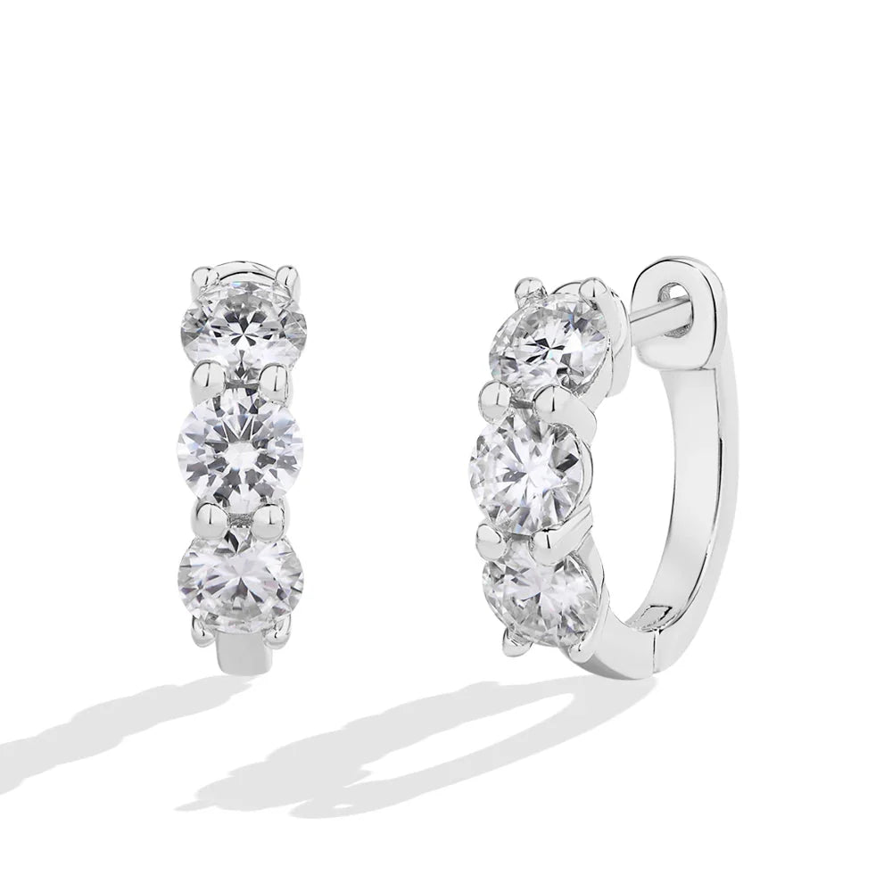 Moissanite Three-Stone Hoop Earrings 1.8 CTW Round Cut 925 Sterling Silver