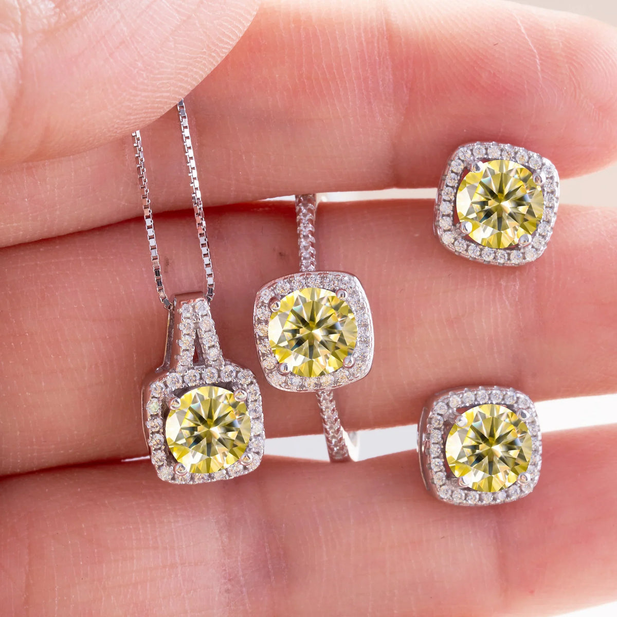 Moissanite D Color Round Cut 925 Sterling Silver Pendant Necklace and Studs Set
