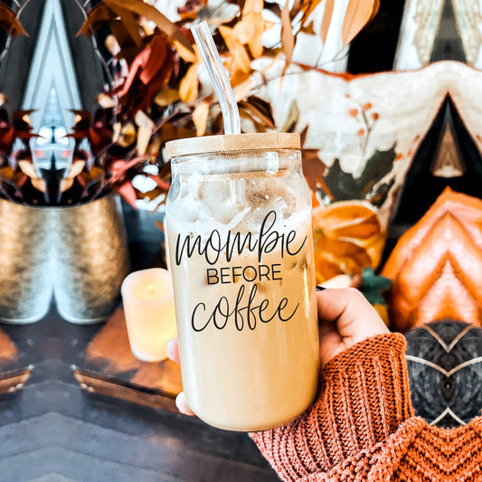 Mombie 20oz Glass Tumbler With Bamboo Lid Stainless Straws Coffee Hocus Pocus I Need Coffee