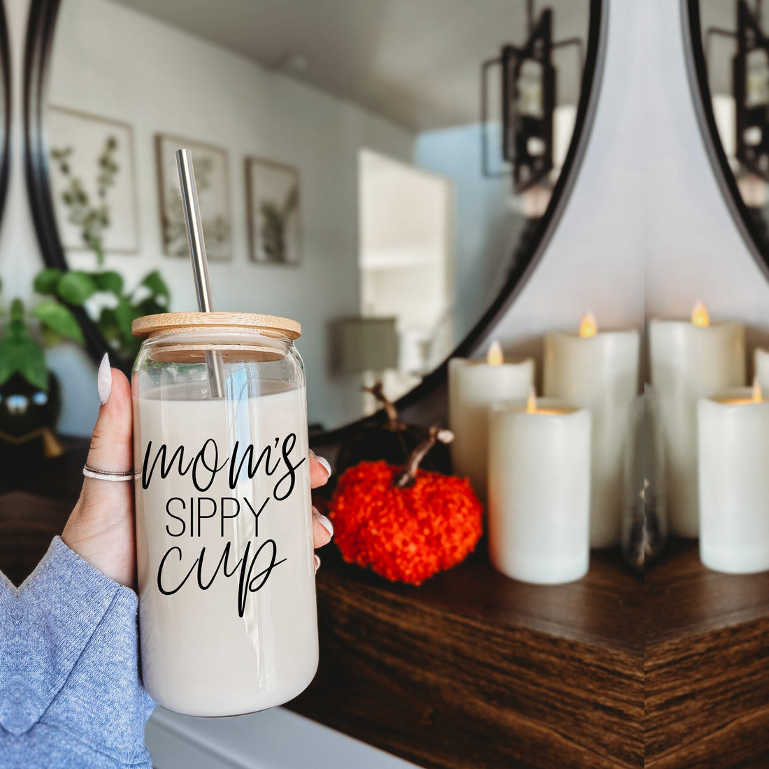 Mom's Sippy 17oz Glass Tumbler With Bamboo Lid 2 Stainless Straws And Cleaner