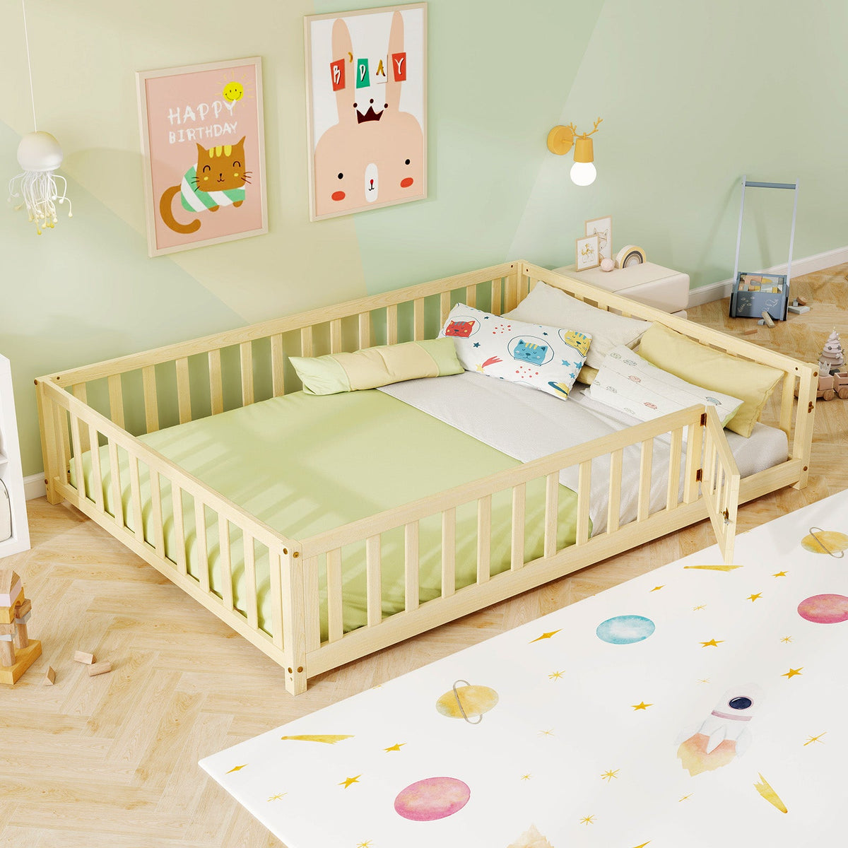 Montessori Bed Frame with Full-length Guardrails Safety Door and Latch-Natural