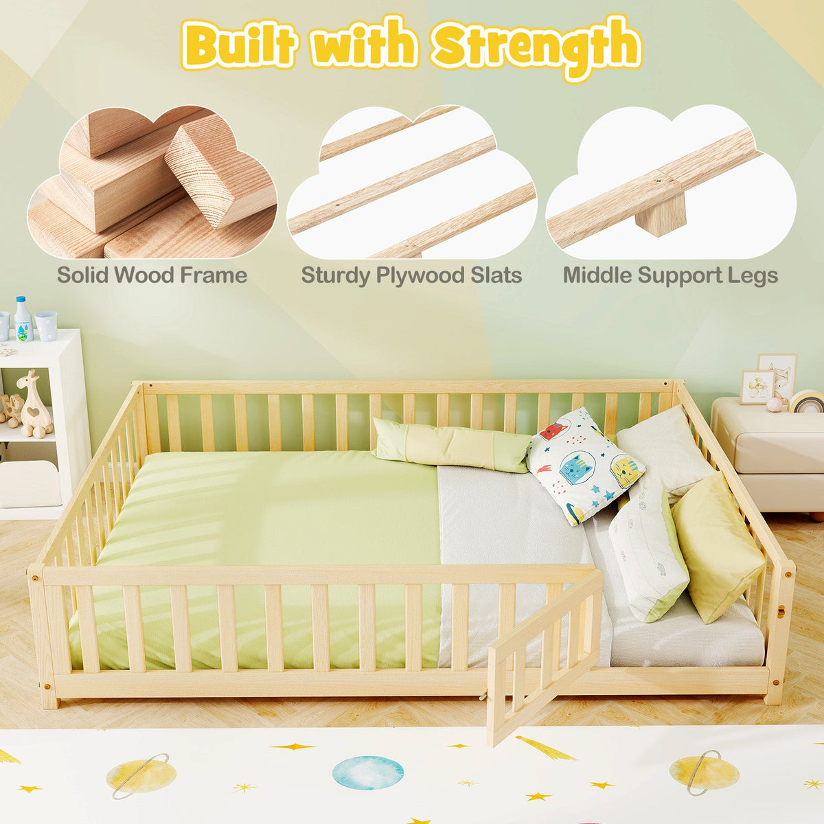 Montessori Bed Frame with Full-length Guardrails Safety Door and Latch-Natural