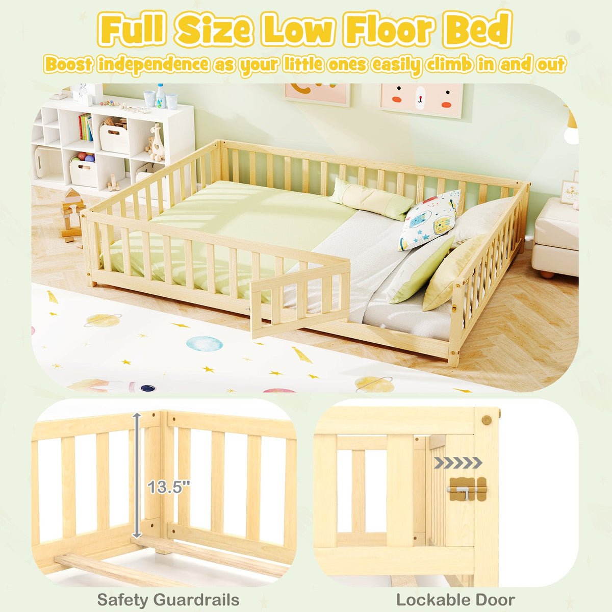 Montessori Bed Frame with Full-length Guardrails Safety Door and Latch-Natural