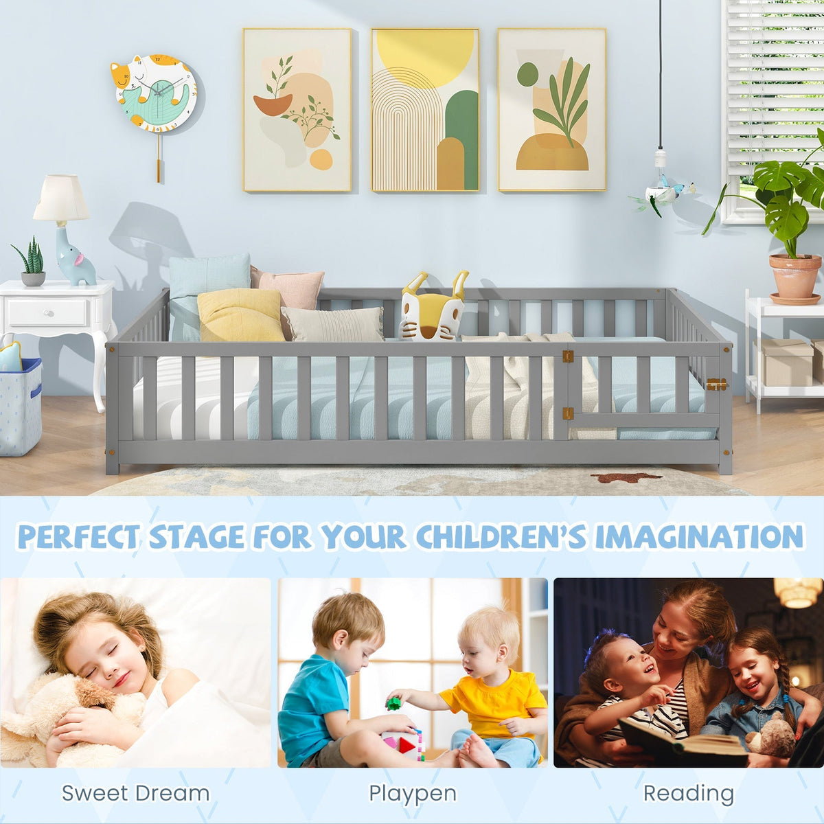 Montessori Bed Frame with Full-length Guardrails Safety Door and Latch