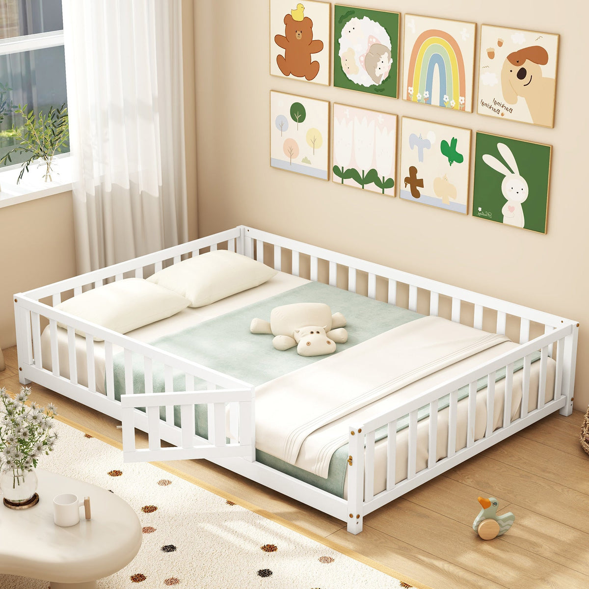Montessori Bed Frame with Full-length Guardrails Safety Door and Latch-White