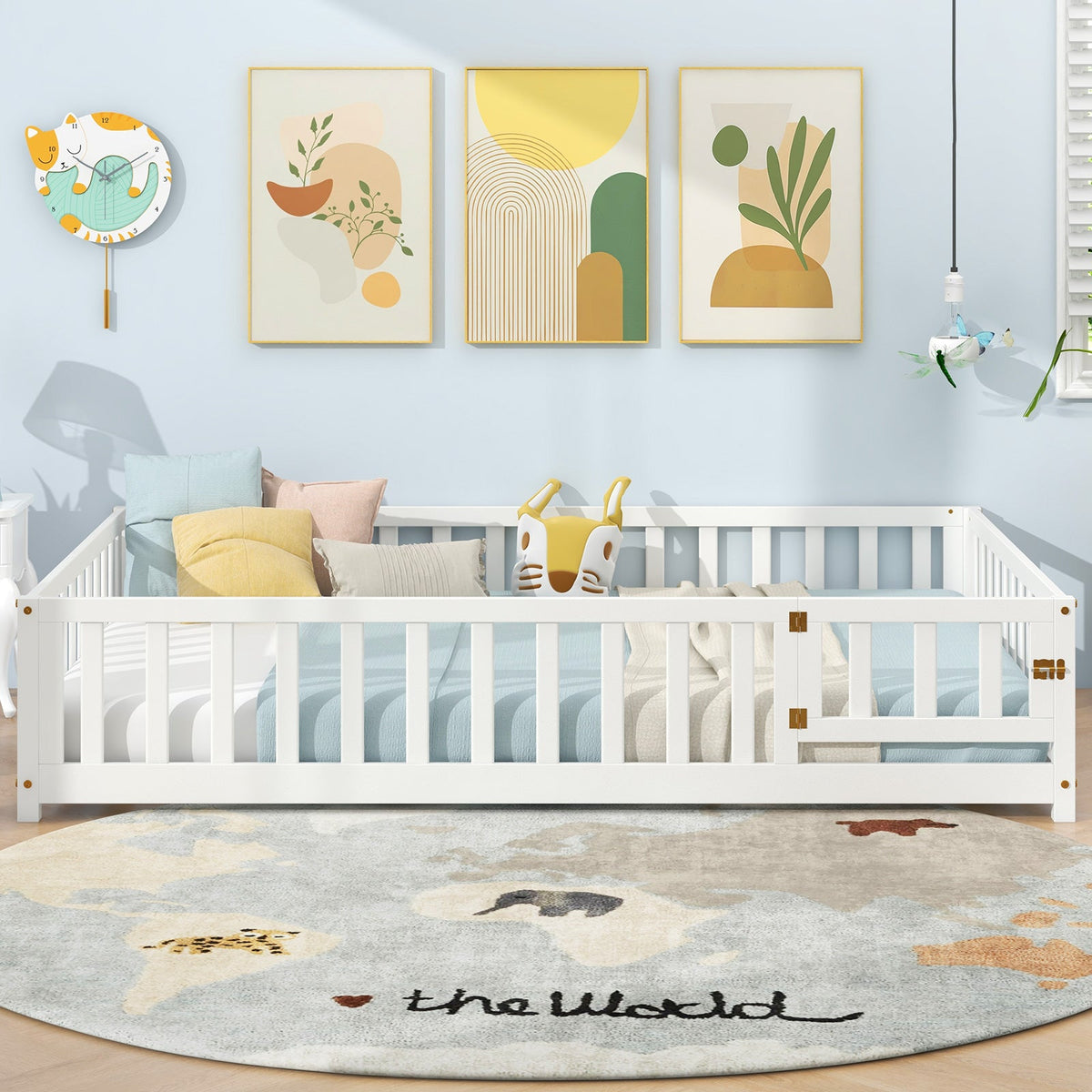 Montessori Bed Frame with Full-length Guardrails Safety Door and Latch-White