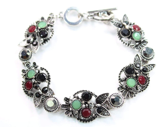 Multi Crystal Owl Bracelet Silver Vintage Gemstone Charm