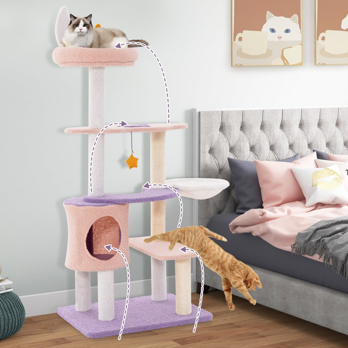Torre multinivel para gatos con postes rascadores cubiertos de sisal