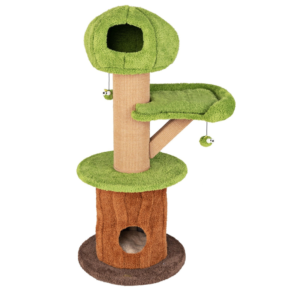 Árbol rascador para gatos con forma de hongo para gatos de interior con 2 lindos condominios, percha de felpa y bolas de juguete - Verde