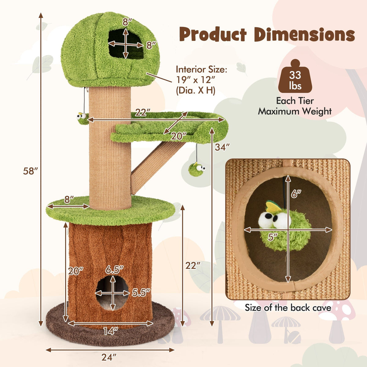 Árbol rascador para gatos con forma de hongo para gatos de interior con 2 lindos condominios, percha de felpa y bolas de juguete - Verde