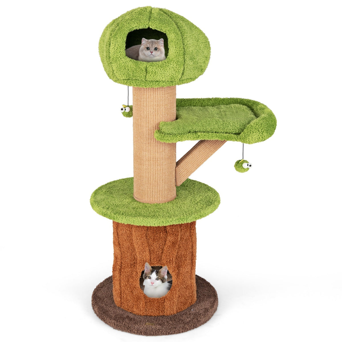 Árbol rascador para gatos con forma de hongo para gatos de interior con 2 lindos condominios, percha de felpa y bolas de juguete - Verde