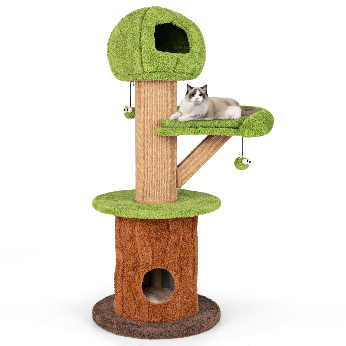 Árbol rascador para gatos con forma de hongo para gatos de interior con 2 lindos condominios, percha de felpa y bolas de juguete - Verde