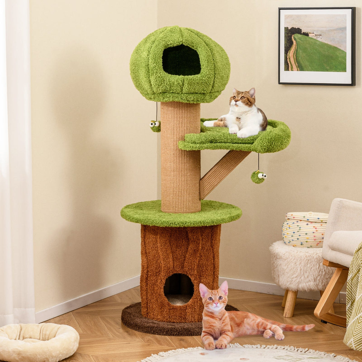 Árbol rascador para gatos con forma de hongo para gatos de interior con 2 lindos condominios, percha de felpa y bolas de juguete - Verde