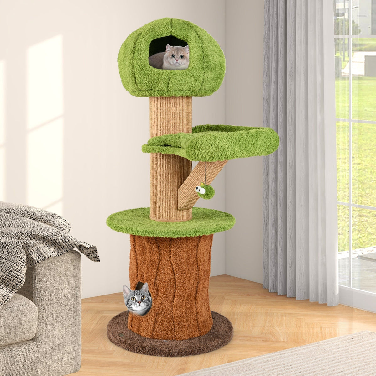 Árbol rascador para gatos con forma de hongo para gatos de interior con 2 lindos condominios, percha de felpa y bolas de juguete - Verde
