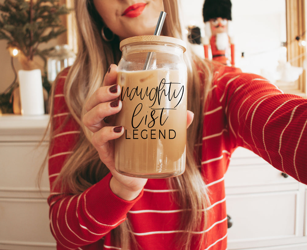 Naughty List Legend 17oz Glass Tumbler With Bamboo Lid, 2 Stainless Straws