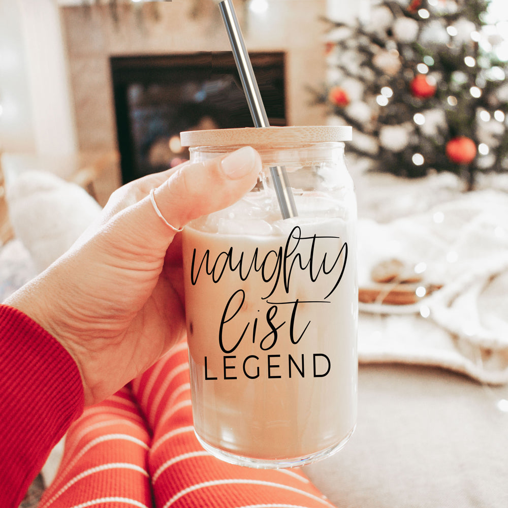 Naughty List Legend 17oz Glass Tumbler With Bamboo Lid, 2 Stainless Straws