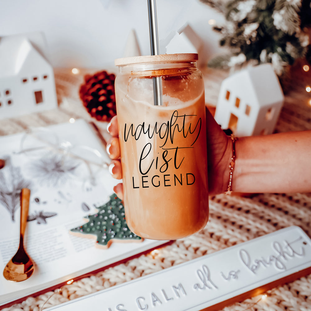 Naughty List Legend 17oz Glass Tumbler With Bamboo Lid, 2 Stainless Straws