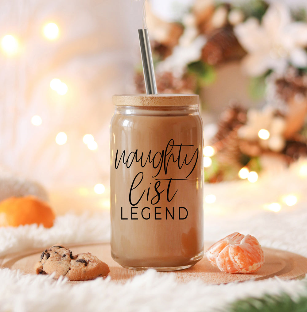 Naughty List Legend 17oz Glass Tumbler With Bamboo Lid, 2 Stainless Straws