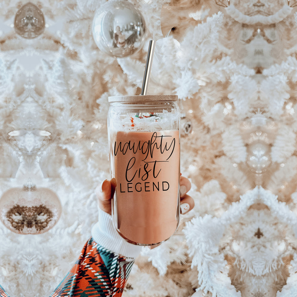 Naughty List Legend 17oz Glass Tumbler With Bamboo Lid, 2 Stainless Straws
