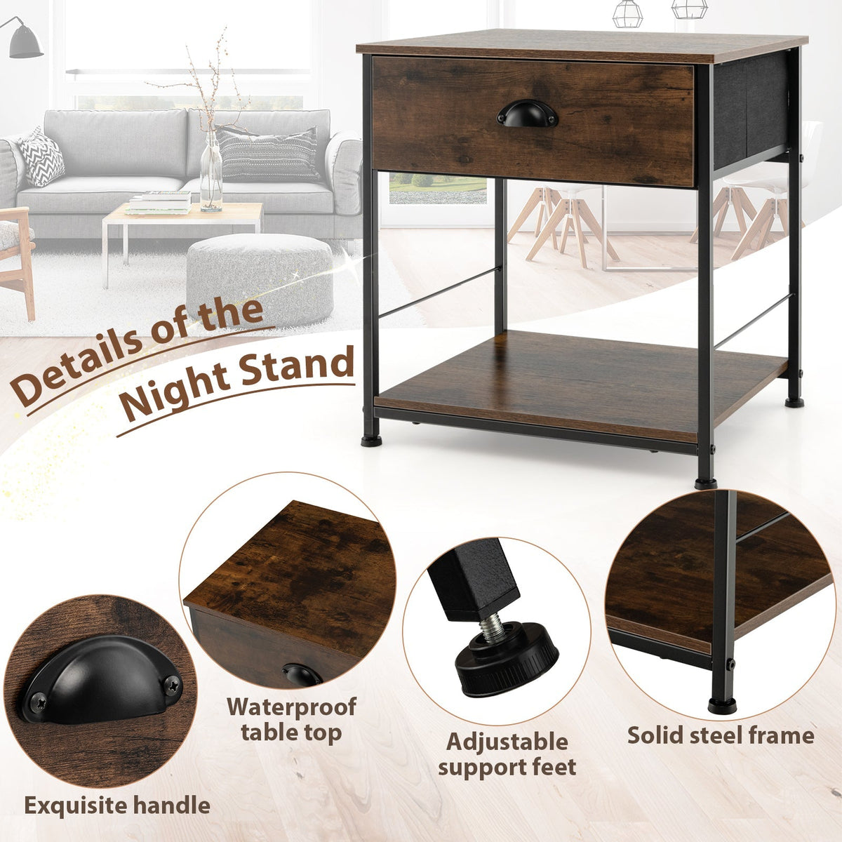 2 Tiers Nightstand with Open Storage Shelf for Living Room Bedroom