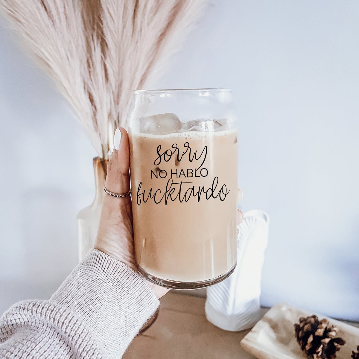No Hablo 17oz Glass Tumbler With Bamboo Lid, 2 Stainless Straws And Cleaner