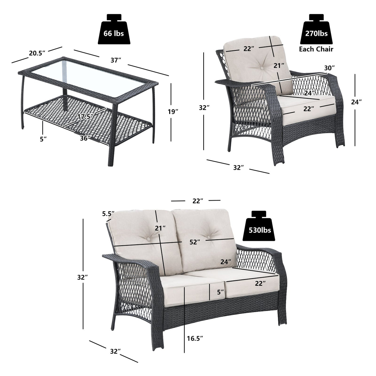 Juego de muebles de patio de mimbre de 4 piezas con sofá, mesa de centro y cojines - Beige