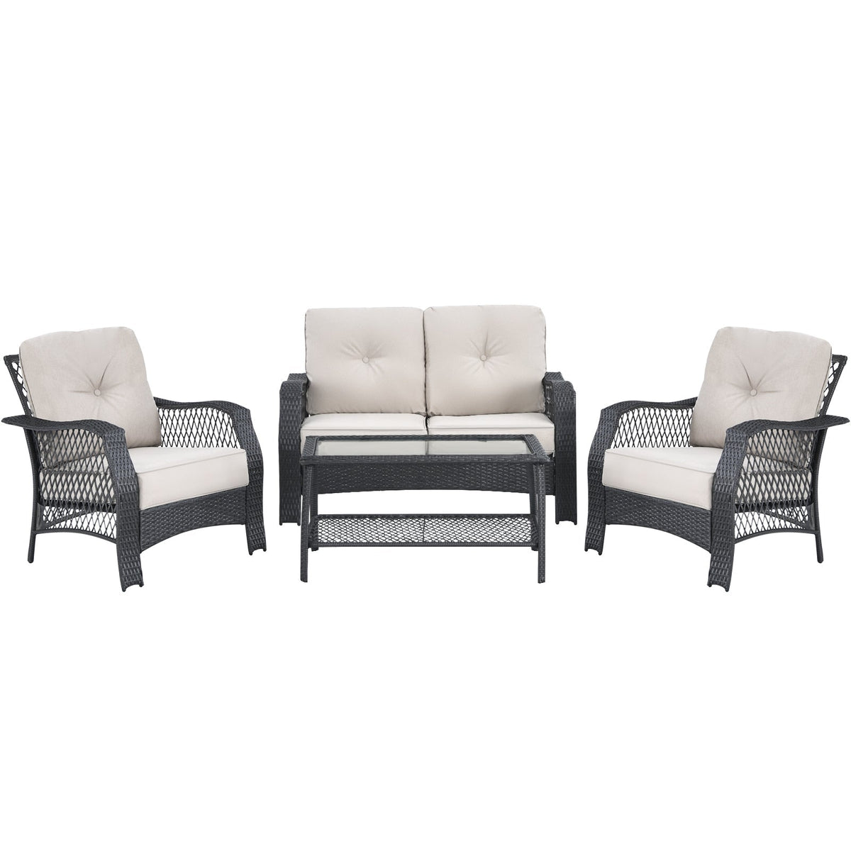 Juego de muebles de patio de mimbre de 4 piezas con sofá, mesa de centro y cojines - Beige