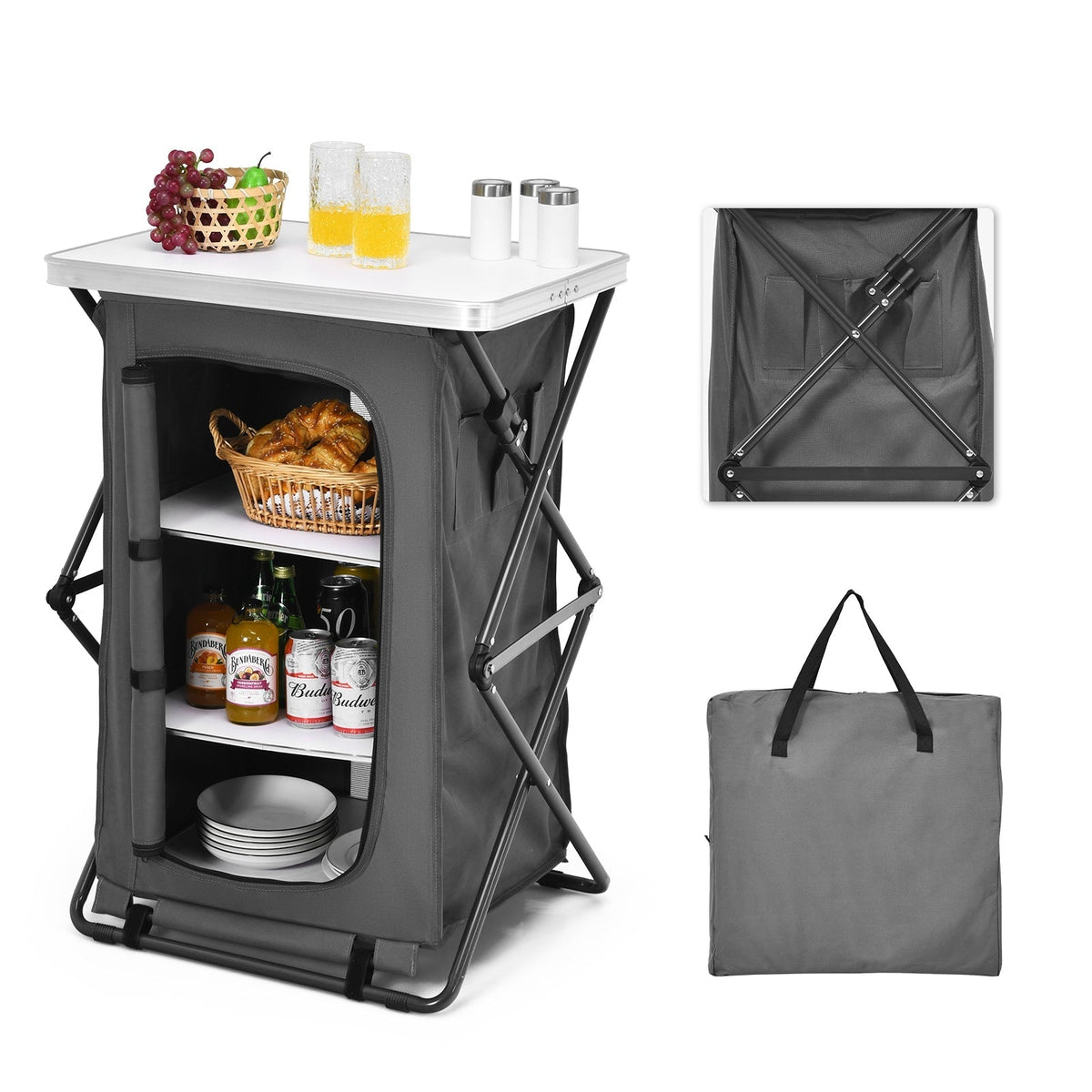Armario de camping plegable con 3 estantes y bolsa de transporte