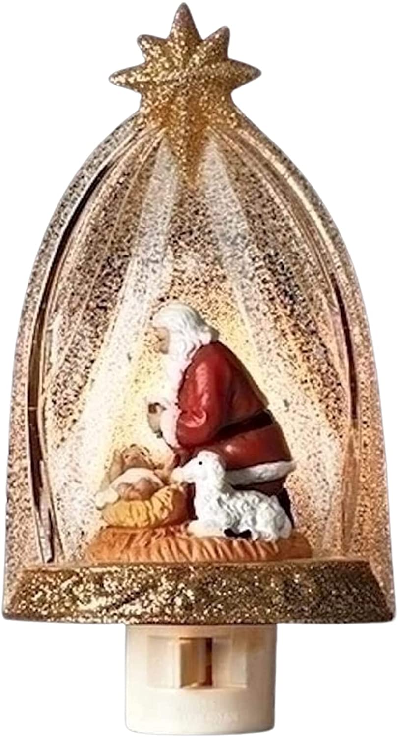 Santa Claus arrodillado ante el niño Jesús - Luz nocturna