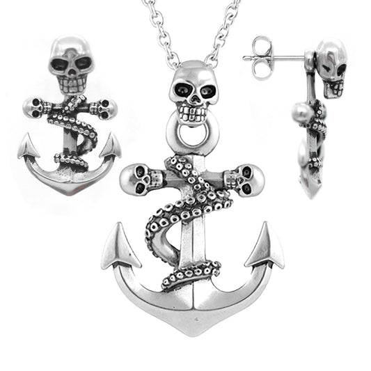 Octopus Skull Anchor Necklace And Stud Earrings Gothic