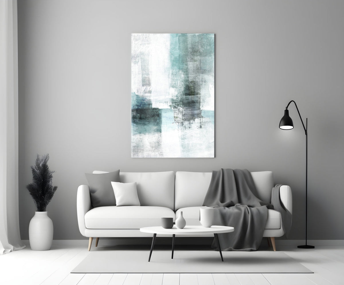 Teal White Minimalist Blocks Glass Wall Art