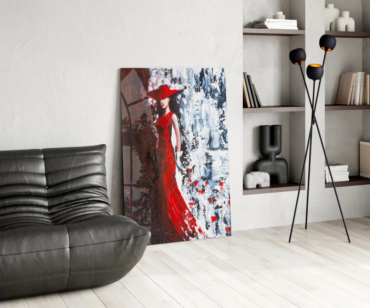 Scarlet Gown Lady Palette Knife Glass Wall Art