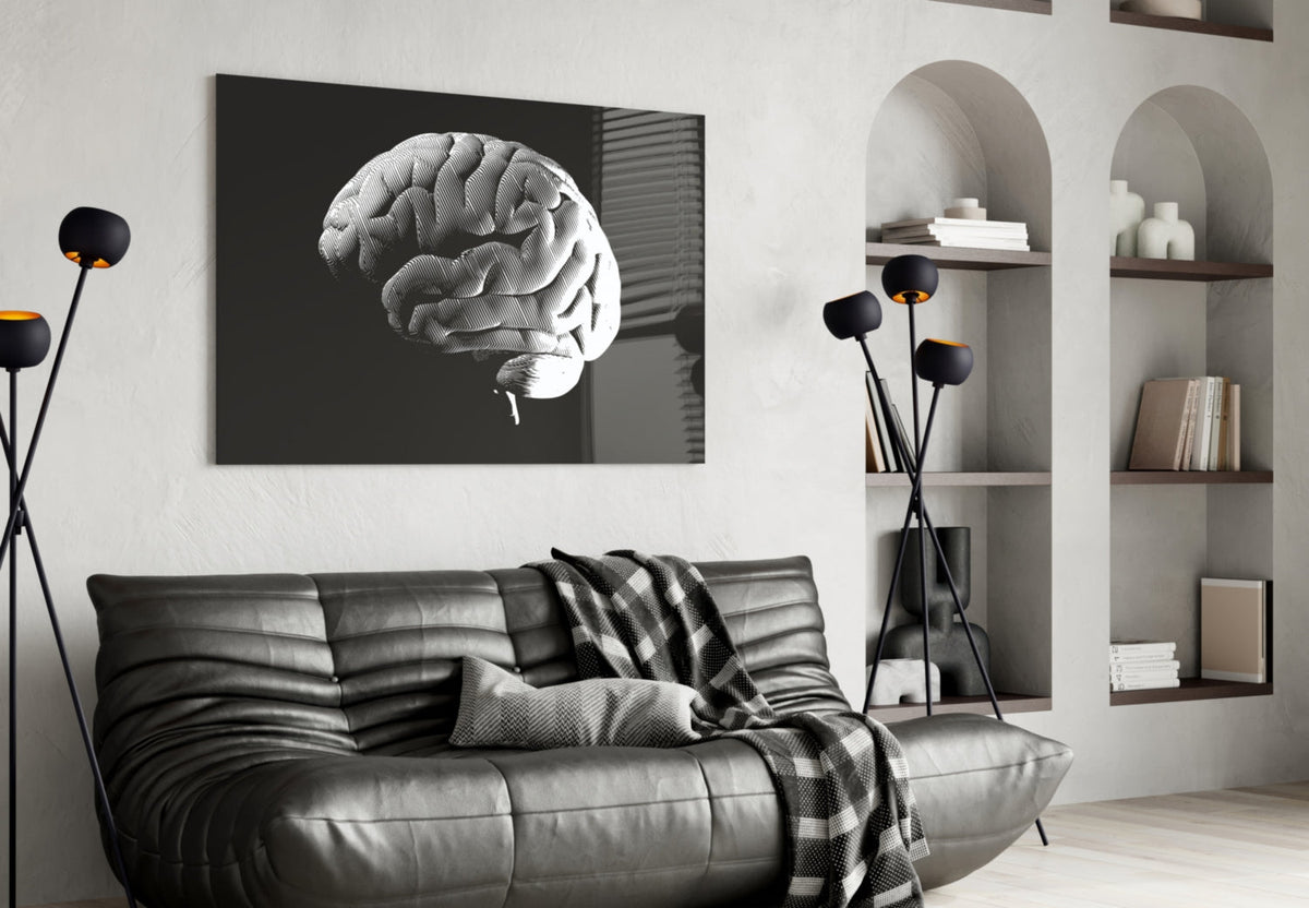 White Brain on Black Glass Wall Art