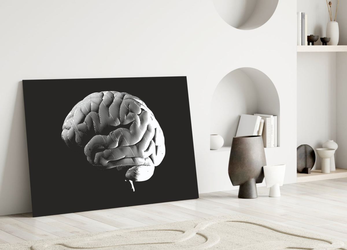 White Brain on Black Glass Wall Art