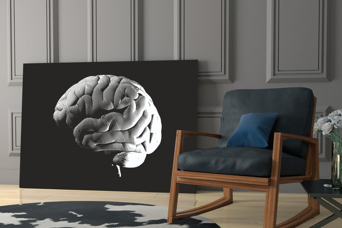 White Brain on Black Glass Wall Art
