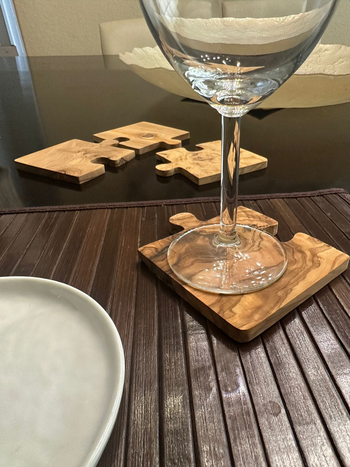 Olive Wood Coaster Puzzle Set 4-Pack Rustic Mediterranean Drink Coasters