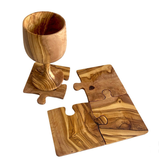 Olive Wood Coaster Puzzle Set 4-Pack Rustic Mediterranean Drink Coasters