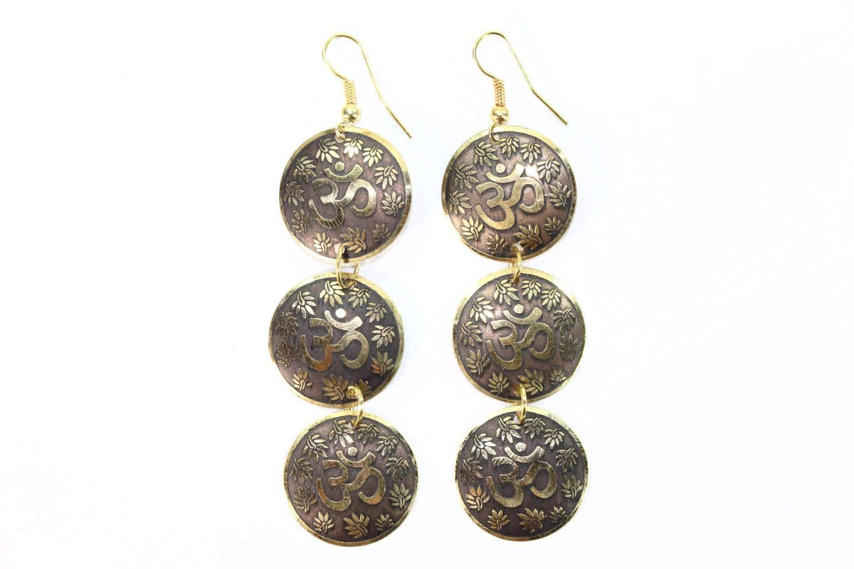 Om Lotus Dangle Earrings Spiritual Boho Long Gold Plated