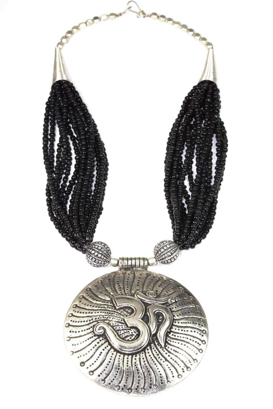 Om Pendant Statement Necklace Silver Beaded Boho Yoga